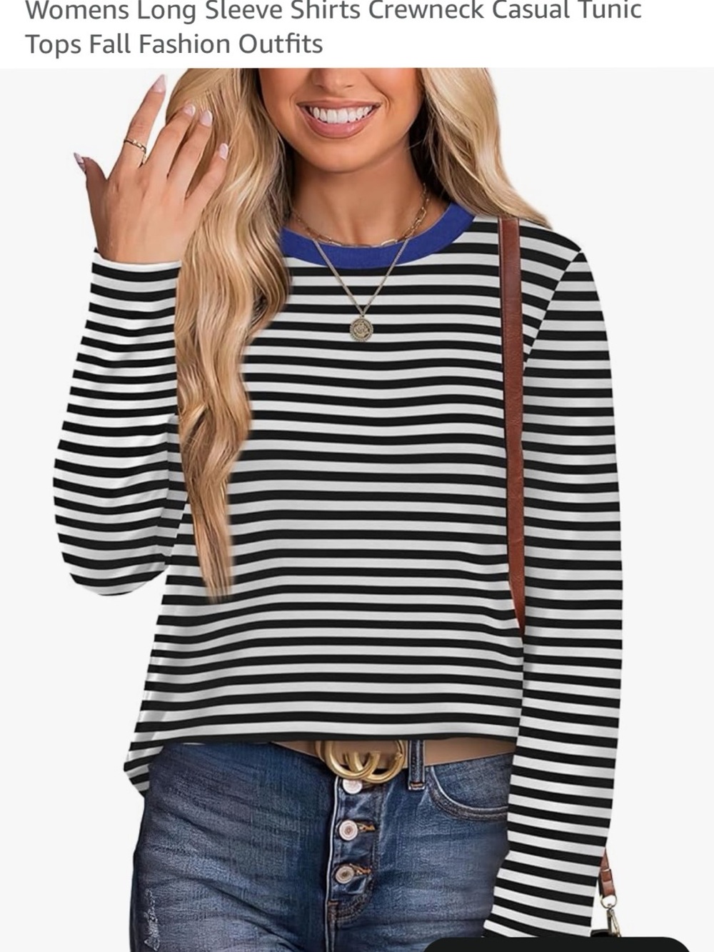 Striped Long-Sleeve Tunic Top with Contrast Blue Neckline - Black & White